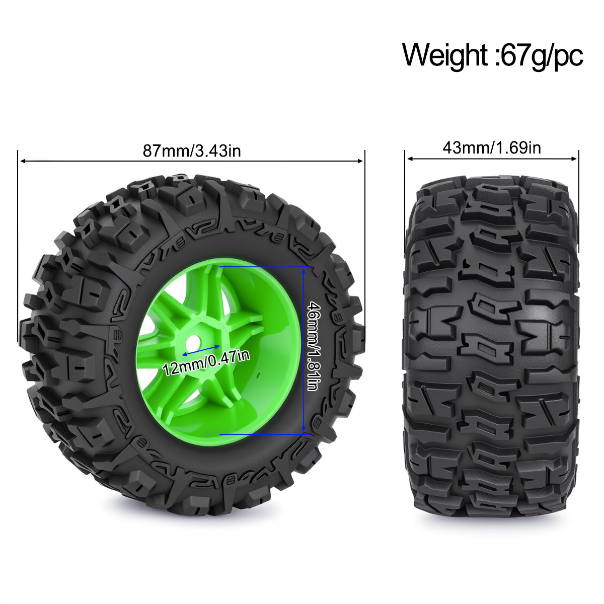 4개 87mm 고무 타이어 휠 12mm 헥스 1/14  - Rc Hobby Trucks 리뷰 및 가격